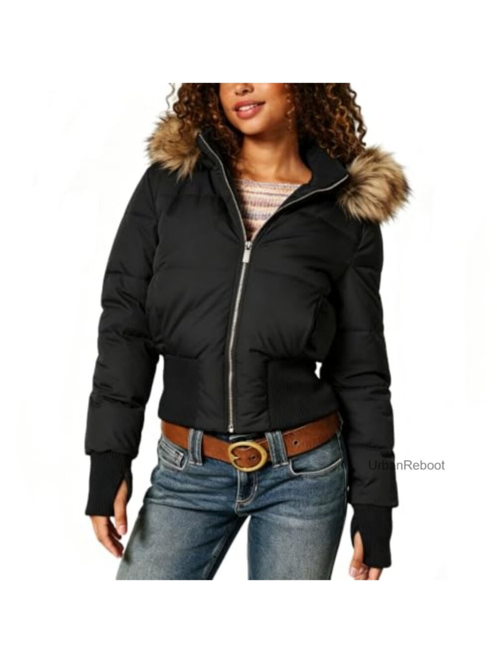 Quilted Puffer Jacket Faux Fur Hood Zip Winter Coat